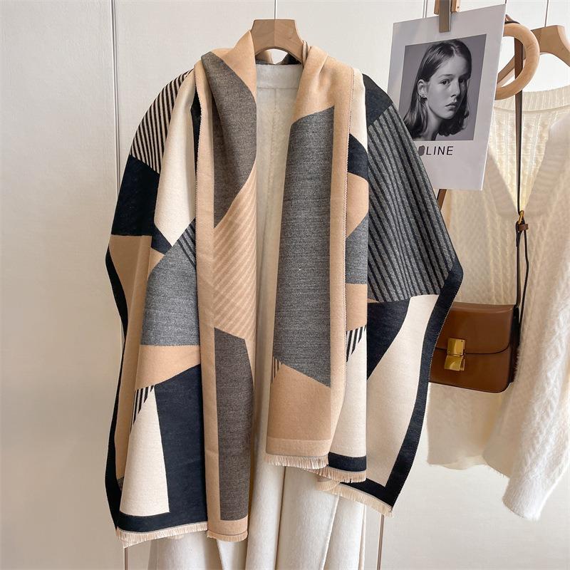 New Geometric Color Matching Imitation Cashmere Women's Fringed Shawl Autumn and Winter Thickened Double-sided Jacquard Wool Scarf