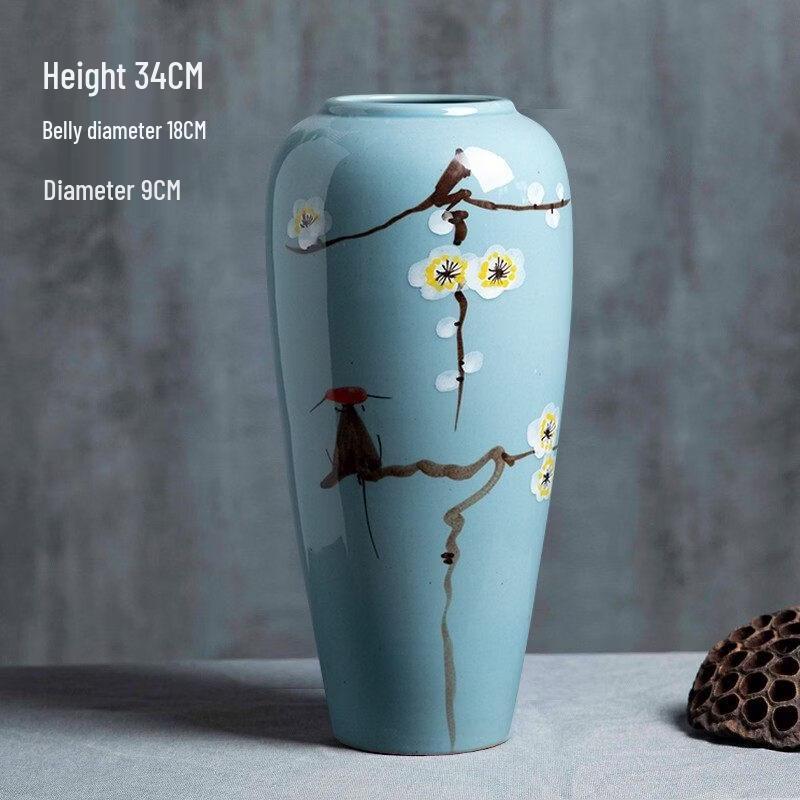 Hand-Painted Ceramic Flower Vase with Plum Bird Design