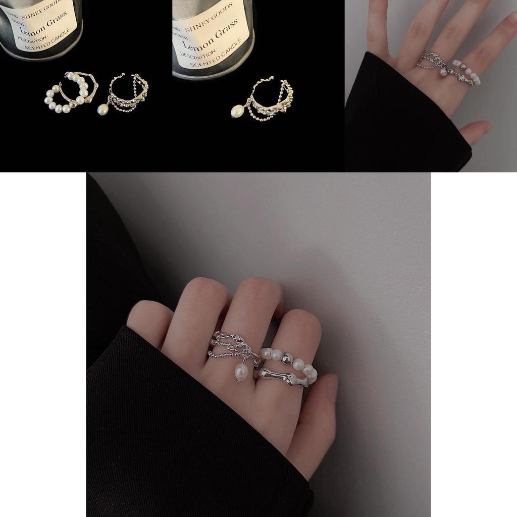 Stylish Geometric Design Pearl Chain Tassel Ring For Women Adjustable Size