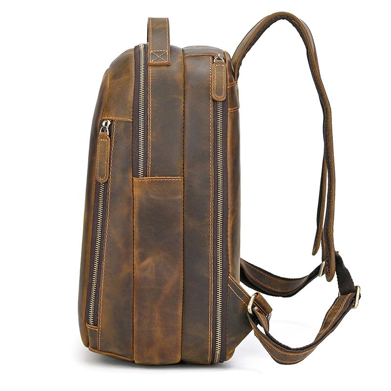 Retro Genuine Leather Backpack Men's Crazy Horse Leather Schoolbag Multifunction Daypack Leather Bag for Men