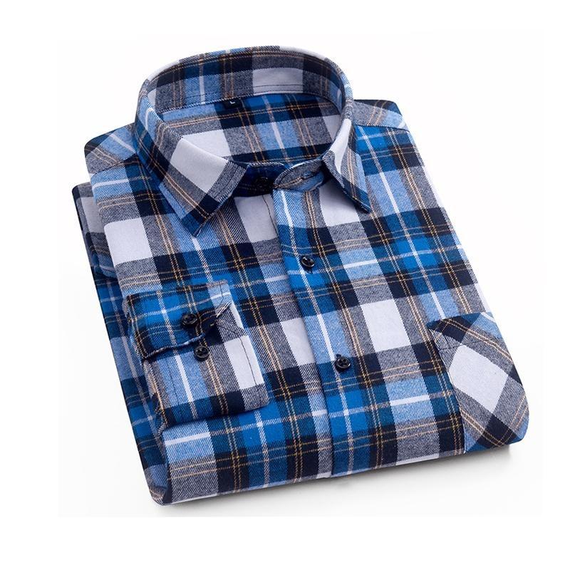 Men's Plaid Shirt - Pure Cotton Flannel, Long-Sleeved, Button Collar, Soft, Warm, Casual