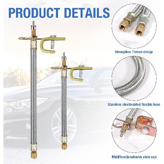 10 Pieces Stainless Steel Dually Valve Stem Extension, Includes 4 Pieces Dual Tire Valve Extension 6 Pieces Valve Extender Adaptor for Most Cars