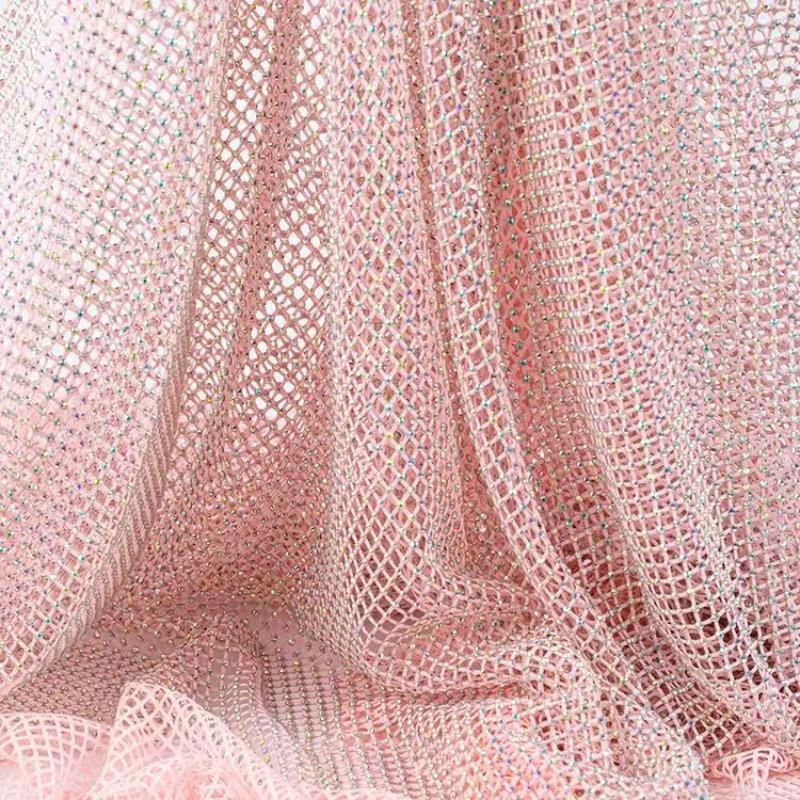 Luxury AB Color High Gloss Elastic Diamond Mesh Fabric Sewn with Satin Belt Mesh Lace Fabric DIY Dress Clothing High-end Fabrics