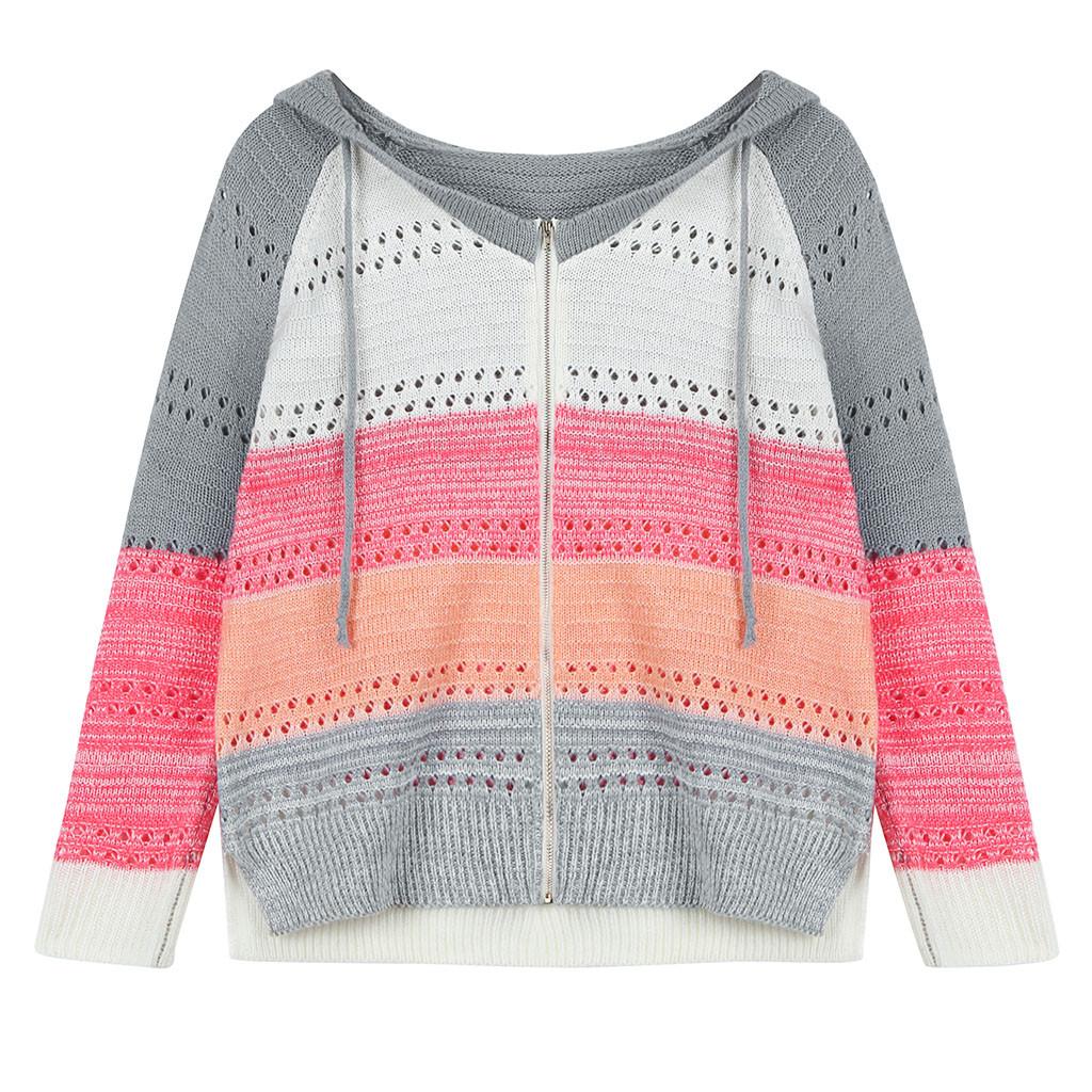 Fashion Women Casual Patchwork Long Sleeves Hooded Sweater Cardigan Blouse Tops