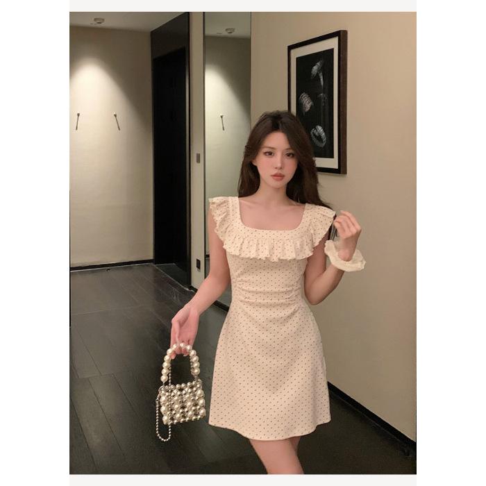 

Summer new high-end French polka dot small flying sleeve dress temperament waist thin ruffle edge design skirt S