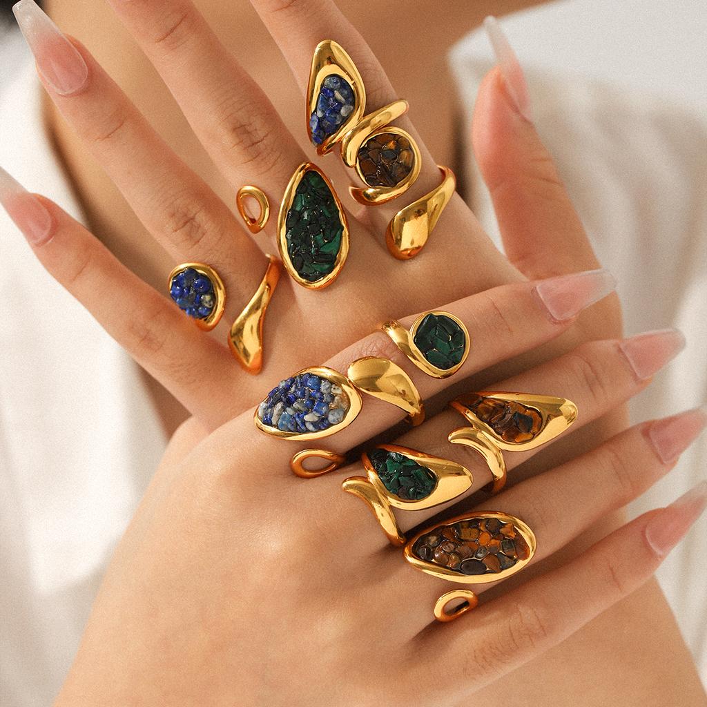 Three Kinds Of Stainless Steel Rings Geometric Shape Gold Plated Broken Pattern Lapis Lazuli Ring Finger Decoration Accessories