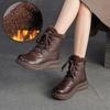 Johnature Krótkie buty na grubej podeszwie Retro Skóra naturalna Pluszowe Ciepłe Okrągły nosek Sznurowane Buty damskie