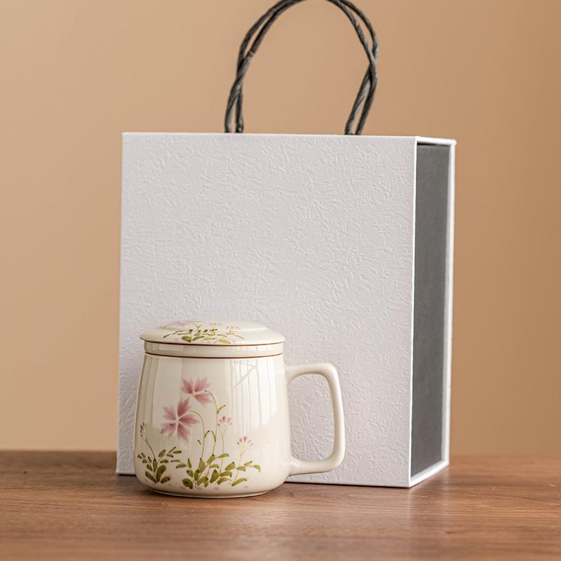 250ml Hand-painted Emerald Bamboo Mug Household Filter Mug Vintage Coffee Cup Mug with Cover Tea Brewing Tableware Collection