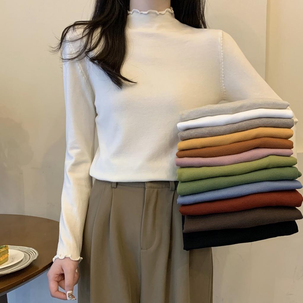 Herbst- und Winterpilzkante Rollkragen Strickpullover Damen schlichte vordere Schulter Innenfutter Oberteil weicher wachsartiger vielseitiger Pullover