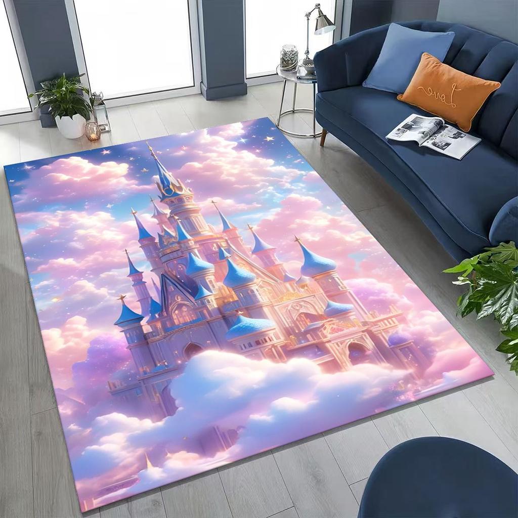 Enchanted Fairytale Princess Castle Gothic Castle Cartoon Rug for Bedroom Living Room Sofa Home Doormat Decor, Kids Non-slip Mat