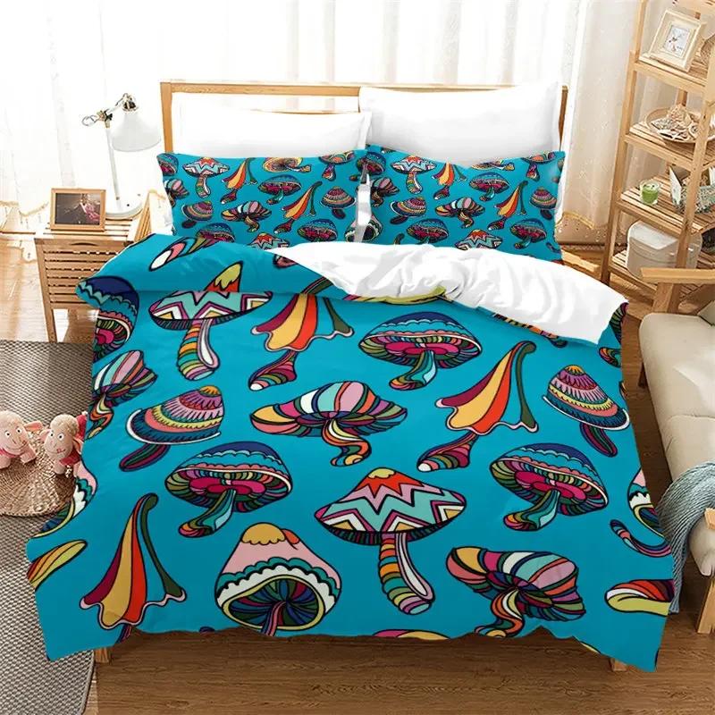 Pilz Bettbezug Bunt Niedlich Cartoon Bettwäsche Set Einzelbett Doppelbett King für Teenager Jungen Mädchen Kinder Kawaii Botanische Pflanze Steppdeckenbezug
