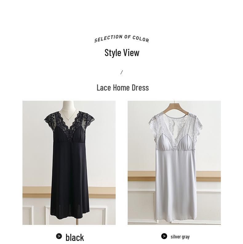 French Ice Silk Nightgown with Built-in Bra, Cool Silky Touch, Short Sleeve, Lightweight Home Wear, Sexy Pajamas