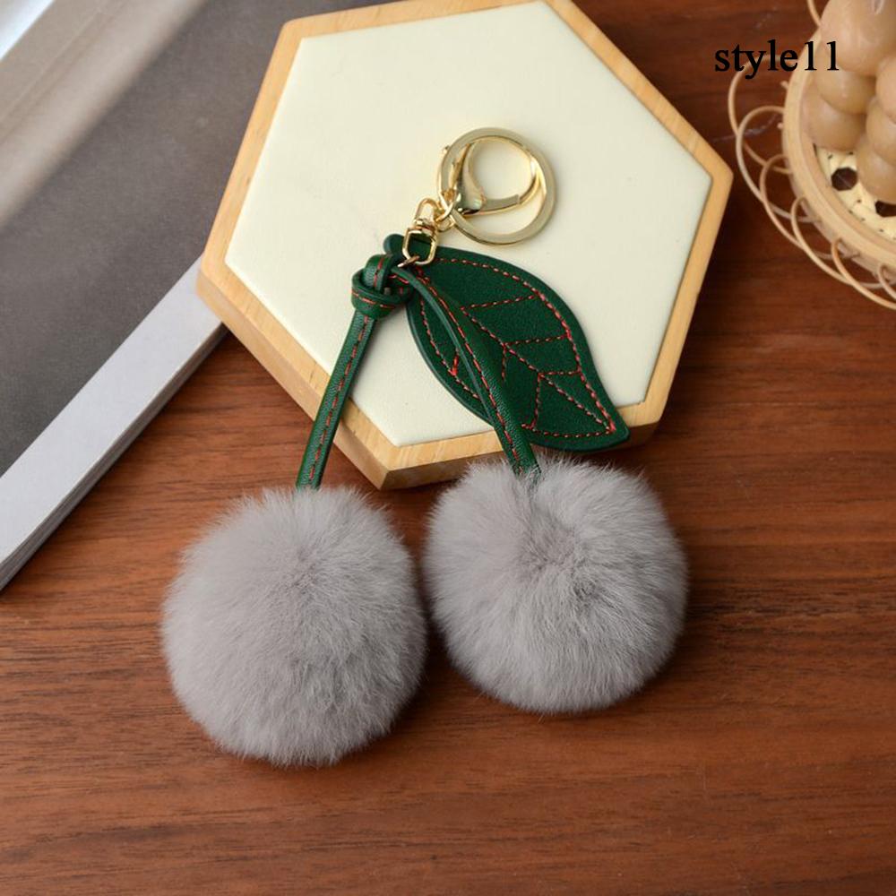 Keychain Key Fob Bag Pendant Fluffy Cherry Keyring Bag Hanging Leaf Artificial Rabbit Fur Ball Key Holder Plush Bag Accessories