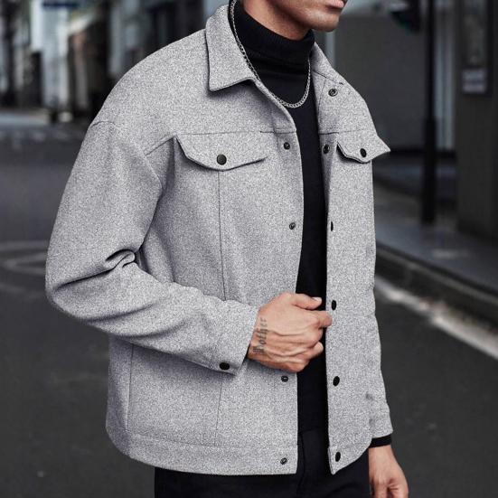 Men Jacket Woolen Lapel Design Long Sleeve Solid Color Coat with Flap Pockets Design