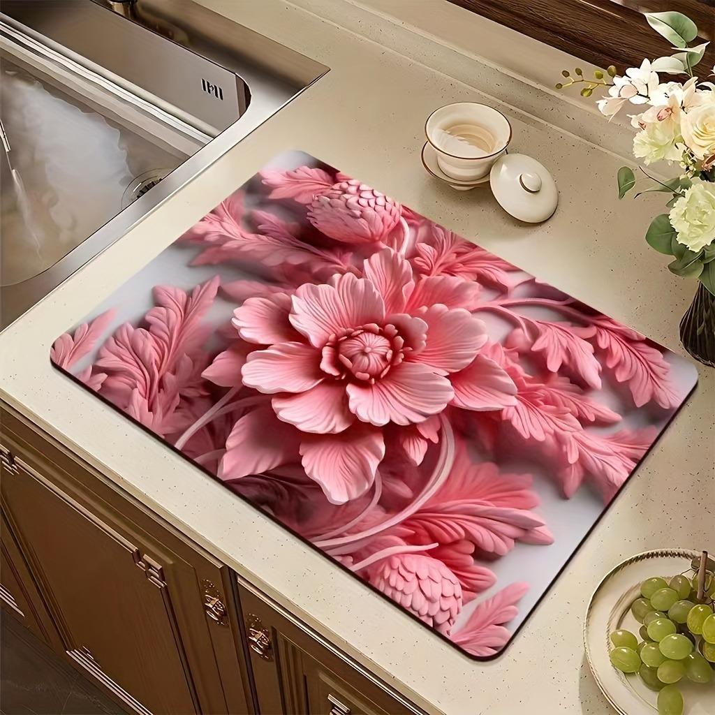 3D Pink Flower Dish Drying Mats Super Absorbent Diatom Mud Rug Home Coffee Table Decor Mat Kitchen Non Slip Tableware Drain Pad