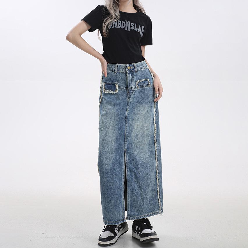 

Women s High Waist Spring Denim Midi Skirt with Side Slit S
