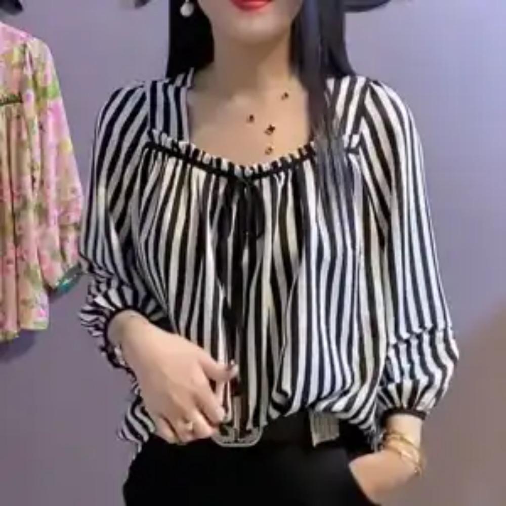 

Элегантная рубашка с квадратным вырезом и кулиской-бантом, стильная принтованная свободная женская одежда, весна-лето, рукав 3/4, комбинированная, со складками, блузка XXXL чёрный