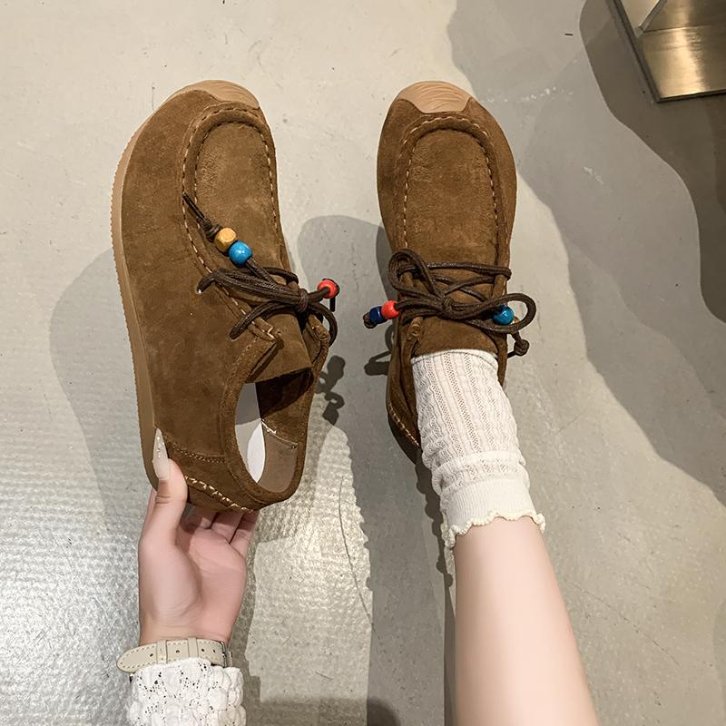 Fashion Women's Flat Shoes Round Toe Lace-up String Bead Increased Internal Shoes Retro Suede High-heeled Spring and Autumn Single Shoes