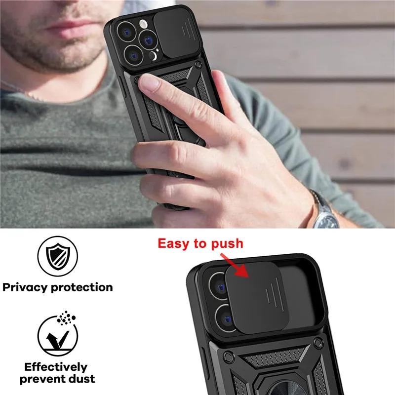 Slide Kamera Objektiv Rüstung Ring Telefon Fall Für iPhone 15 14 13 12 11 Pro Max X XR XS Max 7 8 14 15 Plus Stoßfest Harte PC Ständer Halter Abdeckung