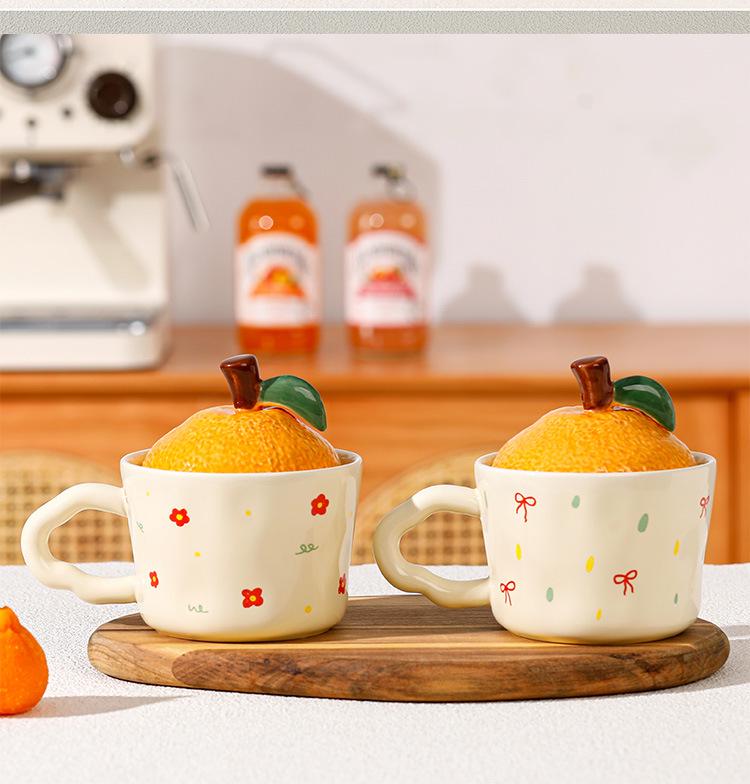 Orange Ceramic Water Cup with Lid - Cute Office Souvenir or Birthday Gift for Home Use