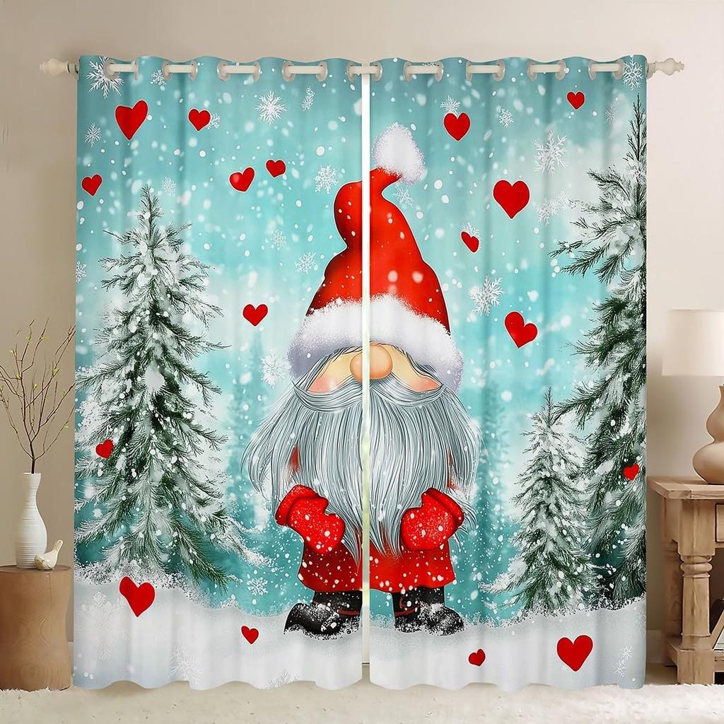 Christmas Gnome Curtain Winter Xmas Theme Window Curtains Snowflake Happy New Year Holiday Room Decor Panels Light Blocking Made Of Polyester