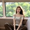 Contrasting Color Splicing One-word Shoulder Off-the-shoulder Short-sleeved T-shirt Women's Summer New Waist and Thin Spice Girl Straps Beautiful Top