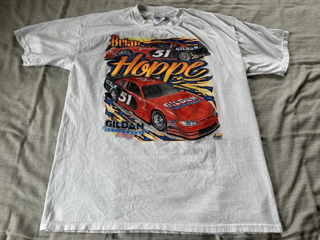 Vintage Y2K Nascar Brian Hoppe T Shirt Size XL Gildan Racing White Motor Sport