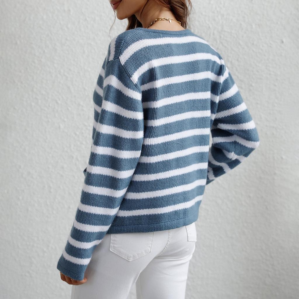 Women's  And Winter Button Striped Knitted Cardigan Long Sleeve Sweater