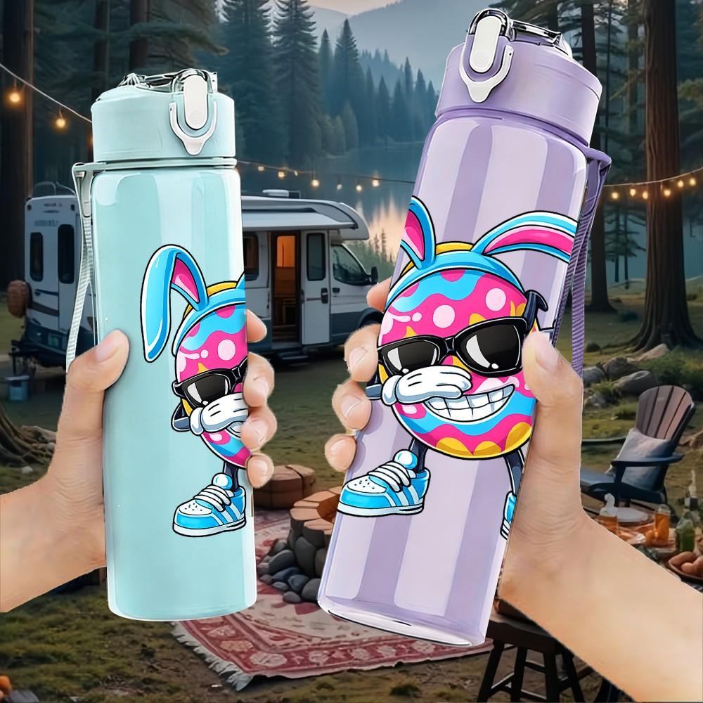 1PC Colorful Hip Hop Rabbit Character Print 750ml Color Plastic Sports Water Bottle Leakproof Flip Straw Lid Suitable for Sports Office Home Use