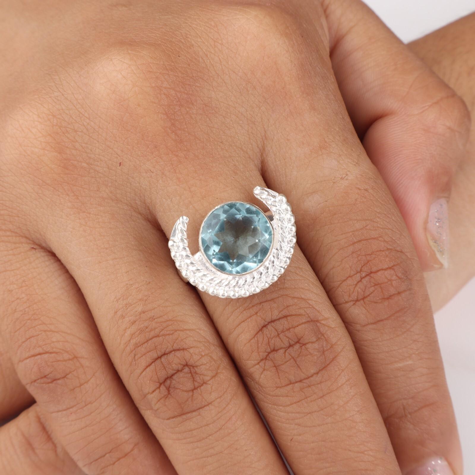 

Кольцо из стерлингового серебра 925 пробы с драгоценным камнем голубой топаз, ручная работа, подарок для женщин RR-48-2 7.25