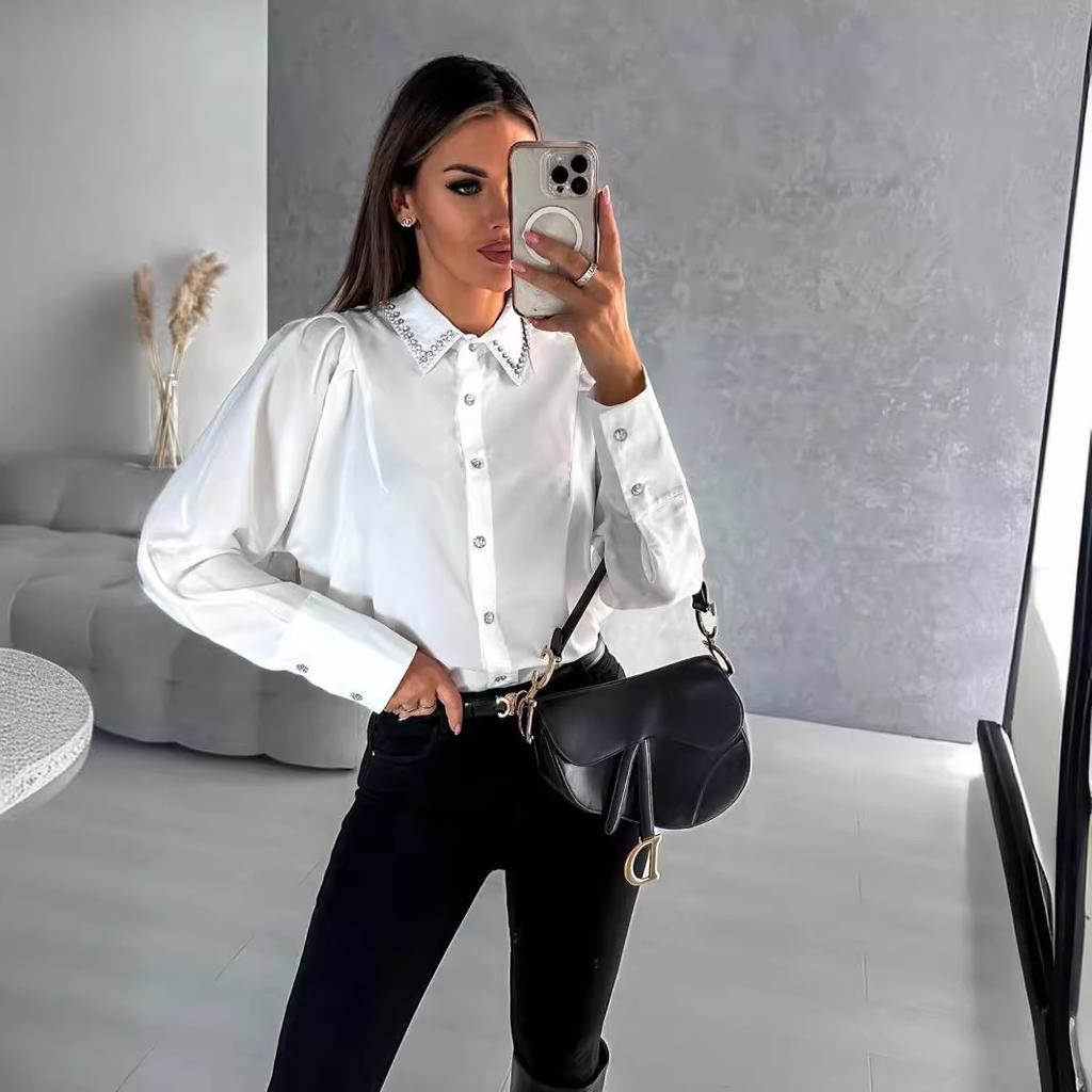 QICED Spring Summer POLO Neck Fashion Diamond Set Loose Long-sleeved Button-down Shirt Blouse Woman