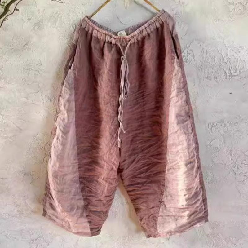 Johnature Damen Vintage Patchwork Farbe Weite Beinhose Elastische Taille Hose Sommer Lässige Wadenlange Hose