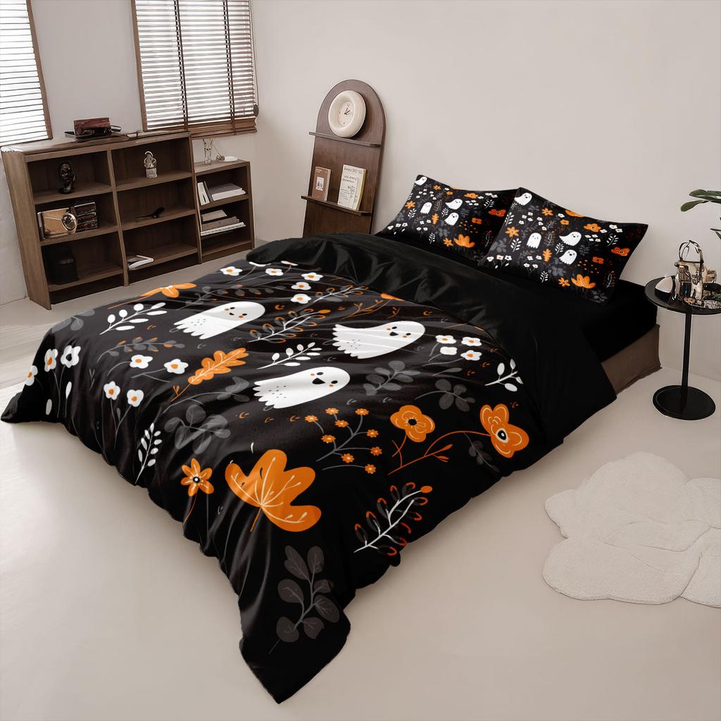 3pcs Halloween Cute Ghost Flower Print Coreless Quilt Set Multi Size Bedrooms Dormitory Soft and Comfortable Machine Washable