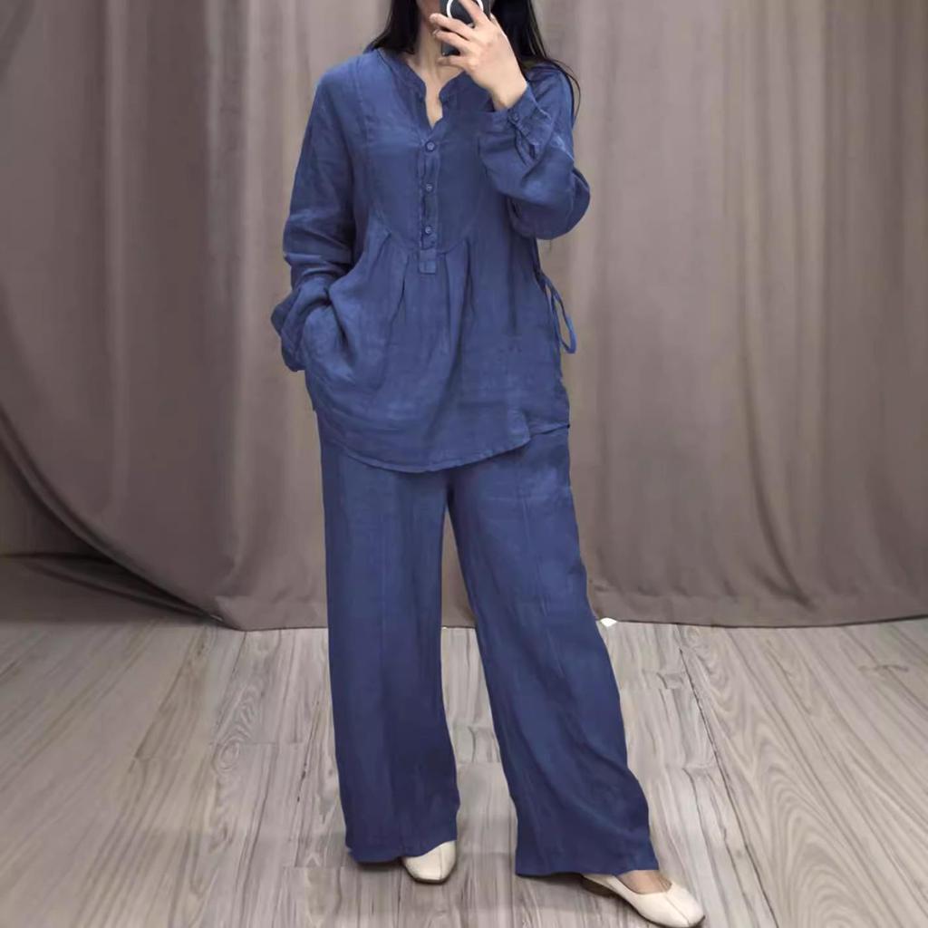 Autumn Fashionable Cotton Linen Long Sleeve Casual Drawstring Pants Set