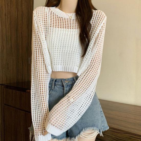 Damen Oberteile Unifarben Lockerer Schnitt Hohlmuster Pullover Oberteile Reine Farbe Sommer Dünne Oberteile Sonnenschutz Kurzes Überwurf-Oberteil