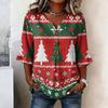 Women's Casual Christmas Print Button Front Top with Lace Sleeves