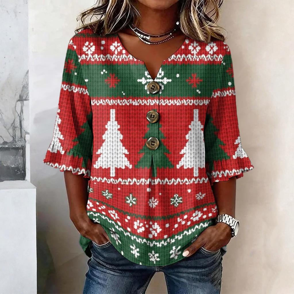 Women's Casual Christmas Print Button Front Top with Lace Sleeves