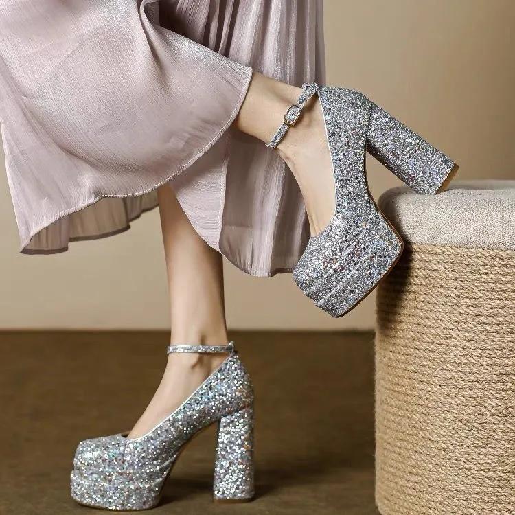 Glitter Sequins Sparkle Golden Silver Closed Toe Women Pumps for Wedding Party Block High Heels Platform Stilettoes