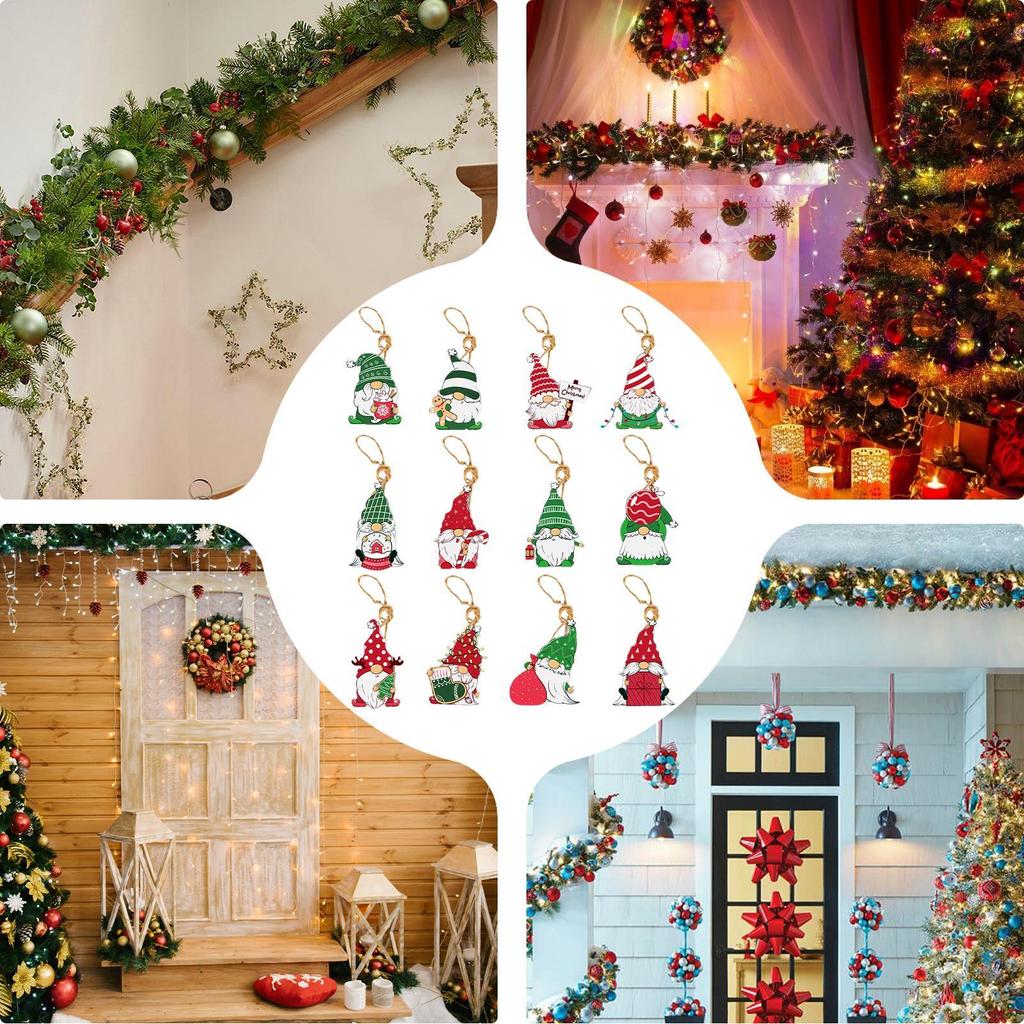 Christmas Tree Decorations Wooden Decorative Hangable 12 Pieces Decorative Christmas Pendant Santa Claus Decor For Indoor Home
