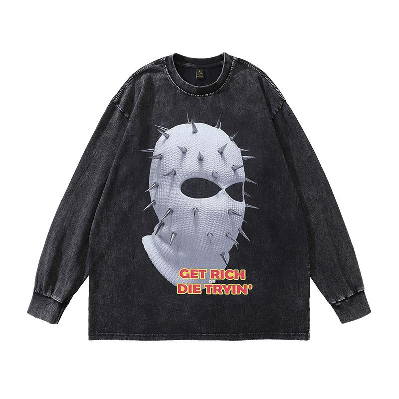 American Street Retro West Coast Hiphop Print Old Long-Sleeved T-Shirt Men'S And Women'S Washed Bottoming Tee Shirt
