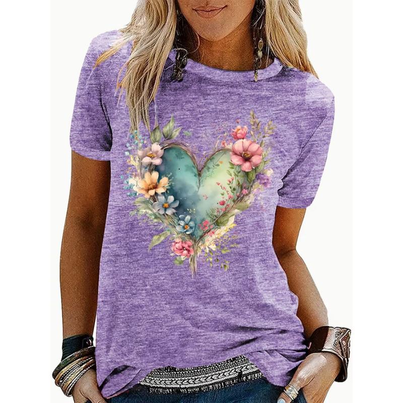 Women's Summer Short Sleeve T-Shirt - Watercolor Heart Print (Flowers & Vines), Soft & Comfortable, 5 Colors for Casual Outings,