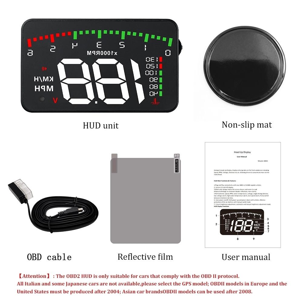 

3.5-Inch A900 OBD2 HUD Windshield Projector Head up Projector Display Speedometer Water Temperature RPM Voltage Alarm Auto Part Customized A900