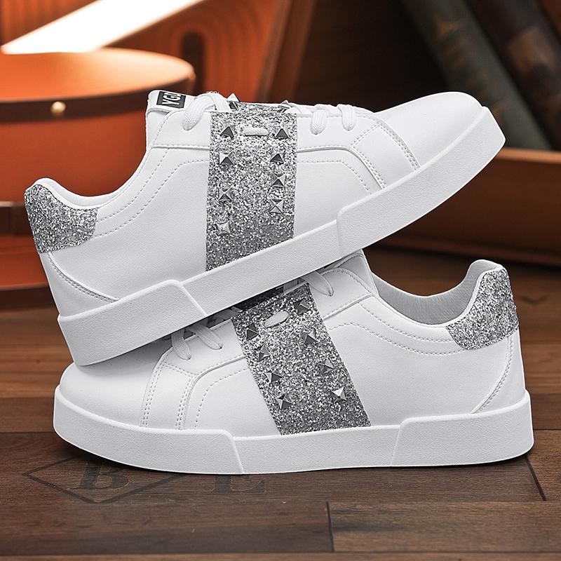 

Мужские белые яркие бриллиантовые модные и минималистичные повседневные туфли для скейтбординга на платформе, нескользящие, легкие, дышащие, повседневные туфли 41 серебряный