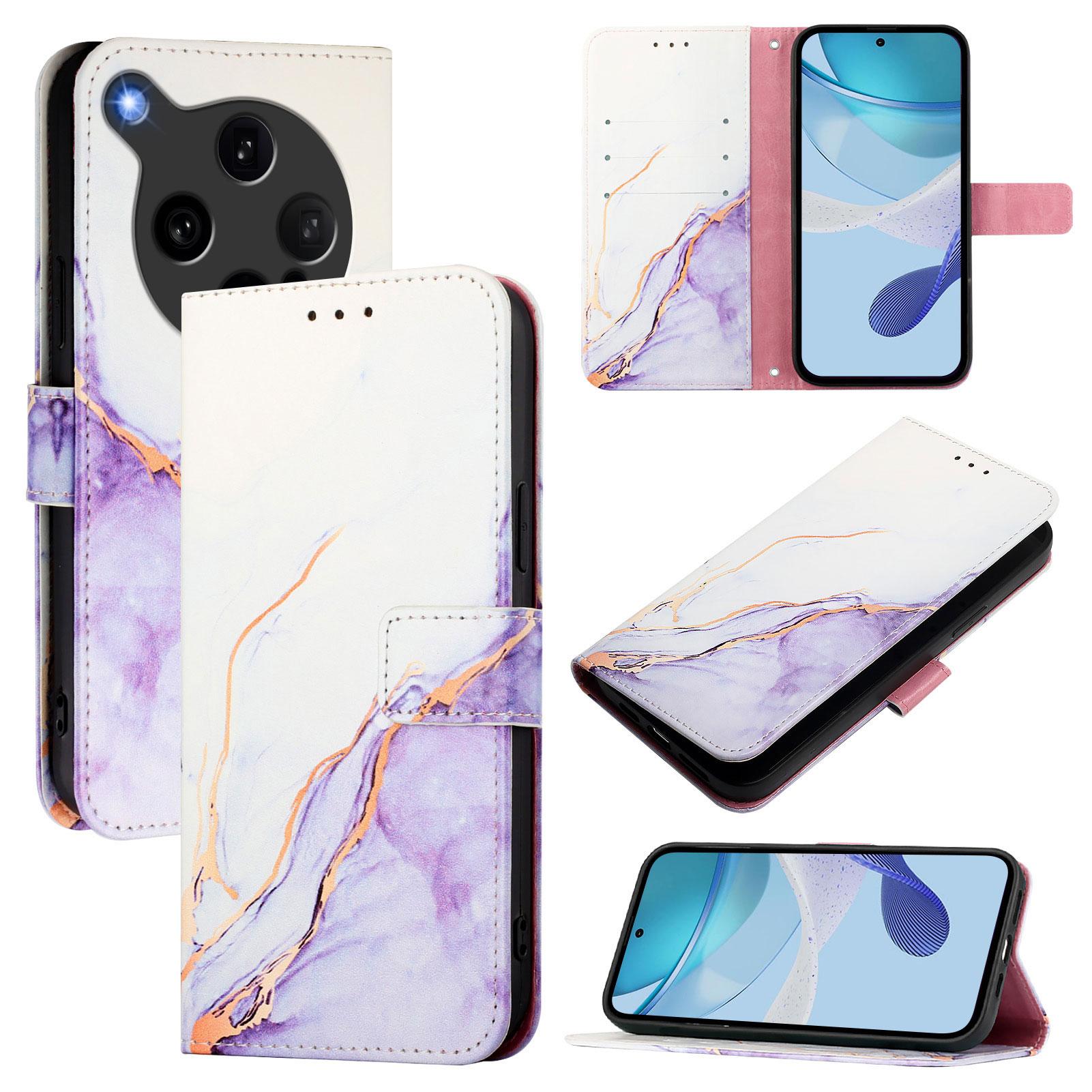 

For Oppo Find X8 Ultra 5G Case with Strap Marble Pattern Leather Phone Cover Card Holder White/Purple LS006