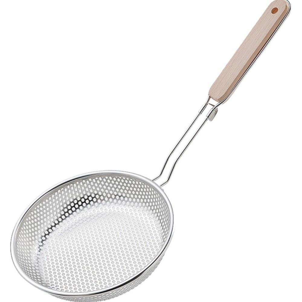 New Thickened Stainless Steel Strainer Fine Mesh Wooden Handle Skimmer Spoon Long Handle Kitchen Strainer Household Use