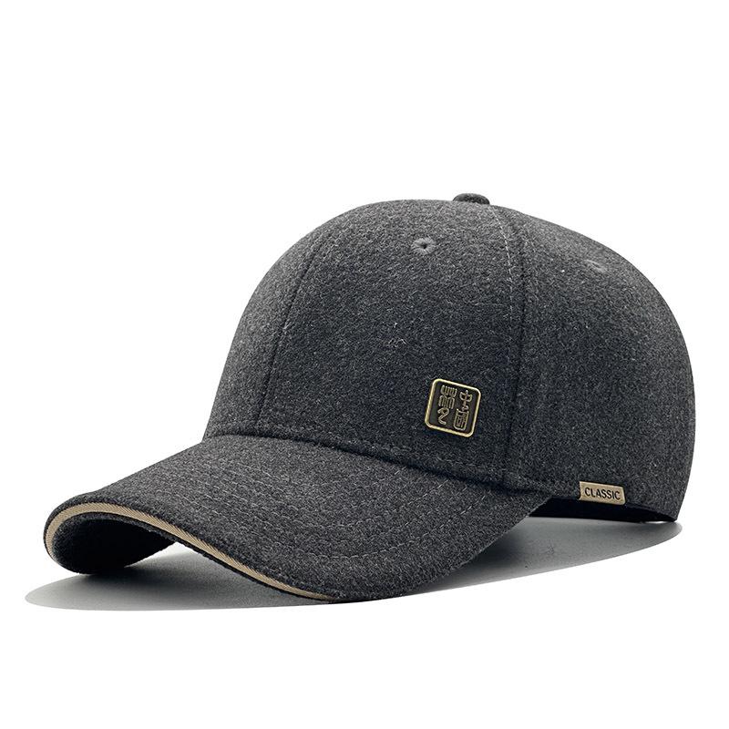 Men's Thick Woolen Winter Baseball Cap with Visor, Plus Velvet Lining, Closed Back, Large Size.