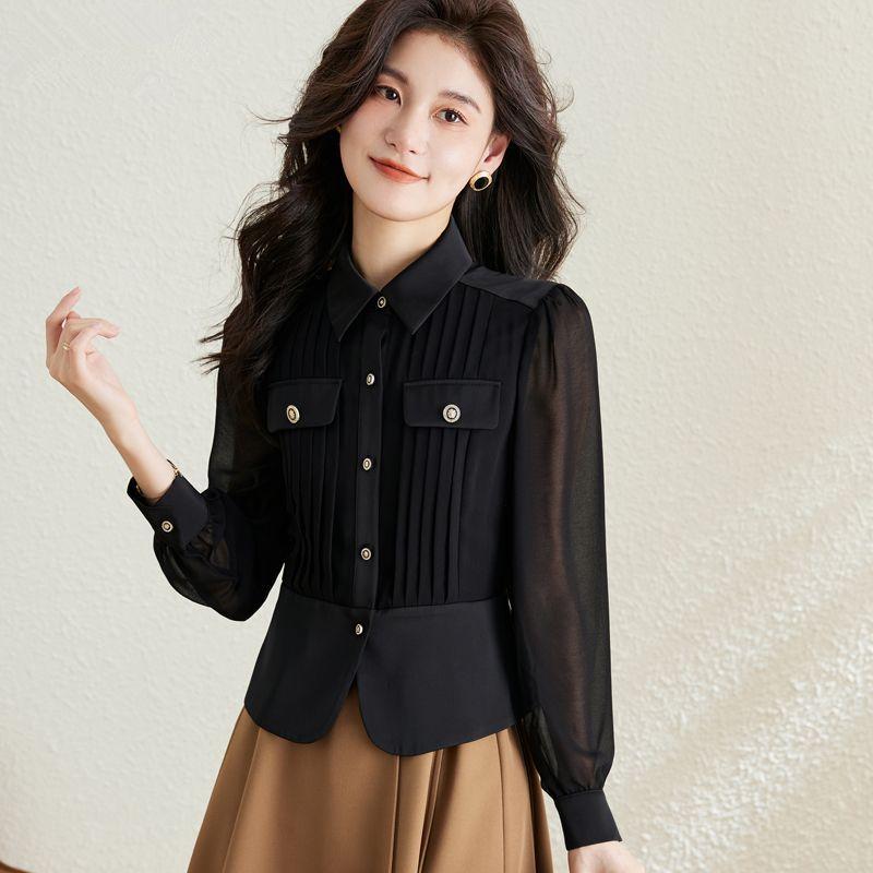 

Женская рубашка тонкая отложной воротник на пуговицах милая однотонная карманы весна лето достойный темперамент шифон женская формальная S чёрный
