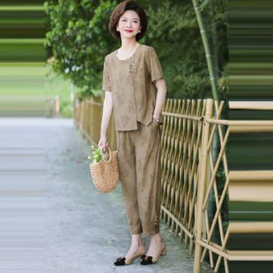 

Summer Two-Piece Set for Middle-Aged and Elderly Women: Short-Sleeved Top and Pants 5XL (for 150-165 jin)