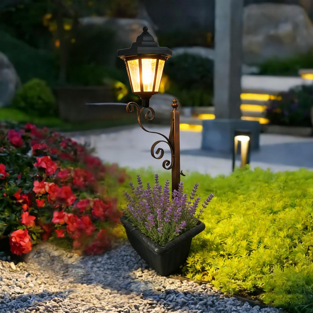 Solar Lamppost with Planter Garden Decorative Lamp Iron Flower Rack Flower Pot Landscape Atmosphere Lamp for Yard Pathway Decor