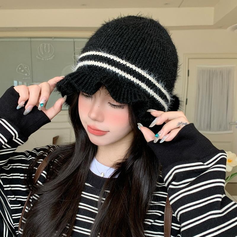 Japanese Autumn and Winter Hats for Women with Velvet Rabbit Fur Warm Hat Versatile Windproof Ear Protection Knitted Hat Lace Wool Hat
